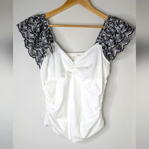 Anthropologie White Top with Black Lace Sleeves